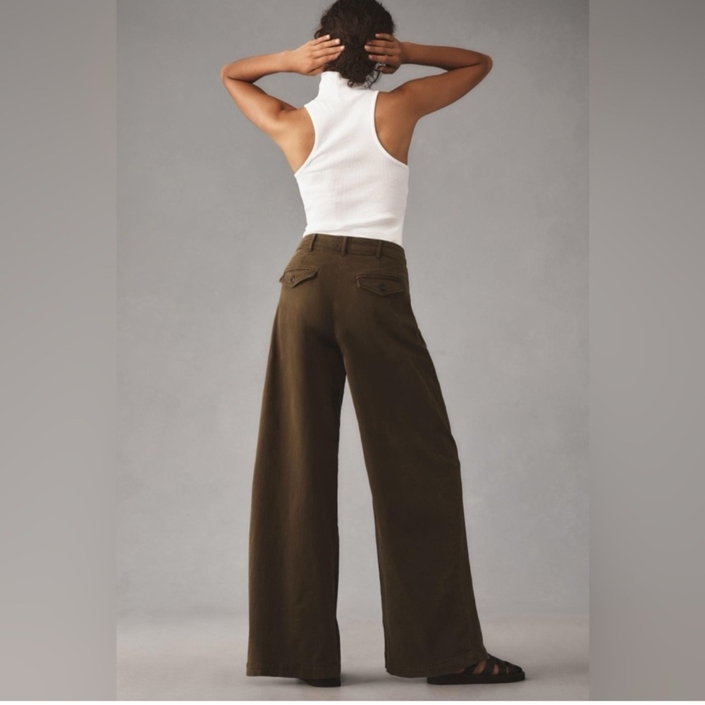Anthropologie Maeve Oversized Wide-Leg Pleated Chino Pants in Moss Green Size 12 - Picture 3 of 16